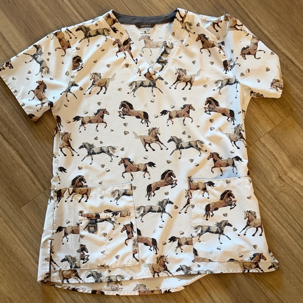 Carhartt Women’s Scrub Top with Brown & Gray Horse Print